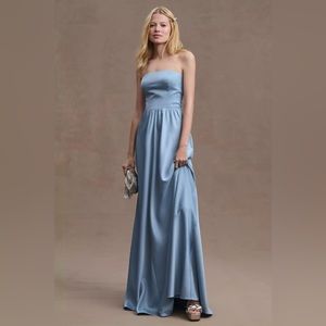BHLDN Elsie Straight-Neck Satin A-Line Gown in Dusty Blue